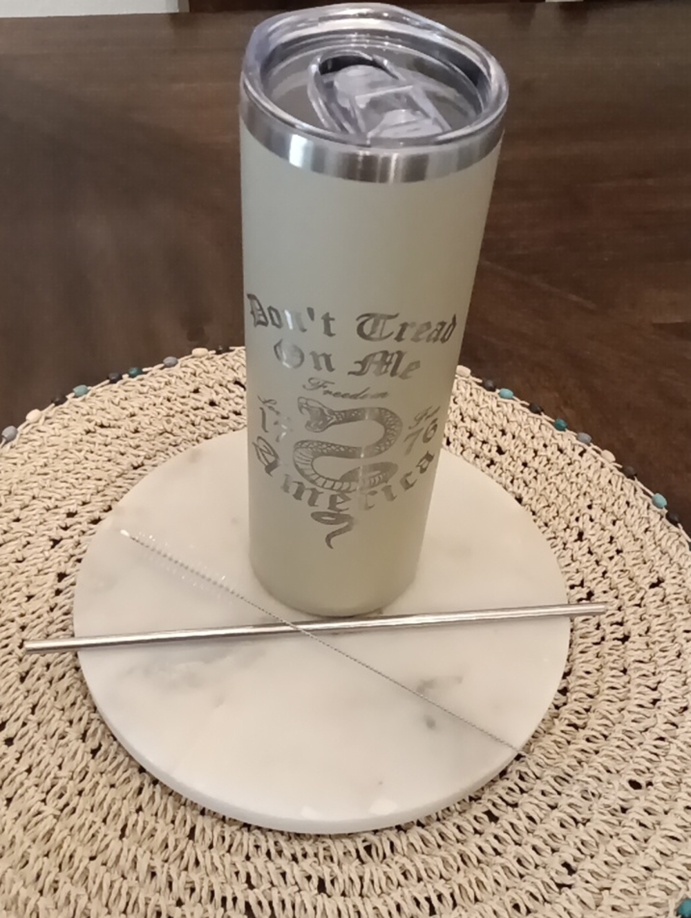 Engraved Matte Khaki 'Don't Tread On Me' Stainless Skinny Tumbler